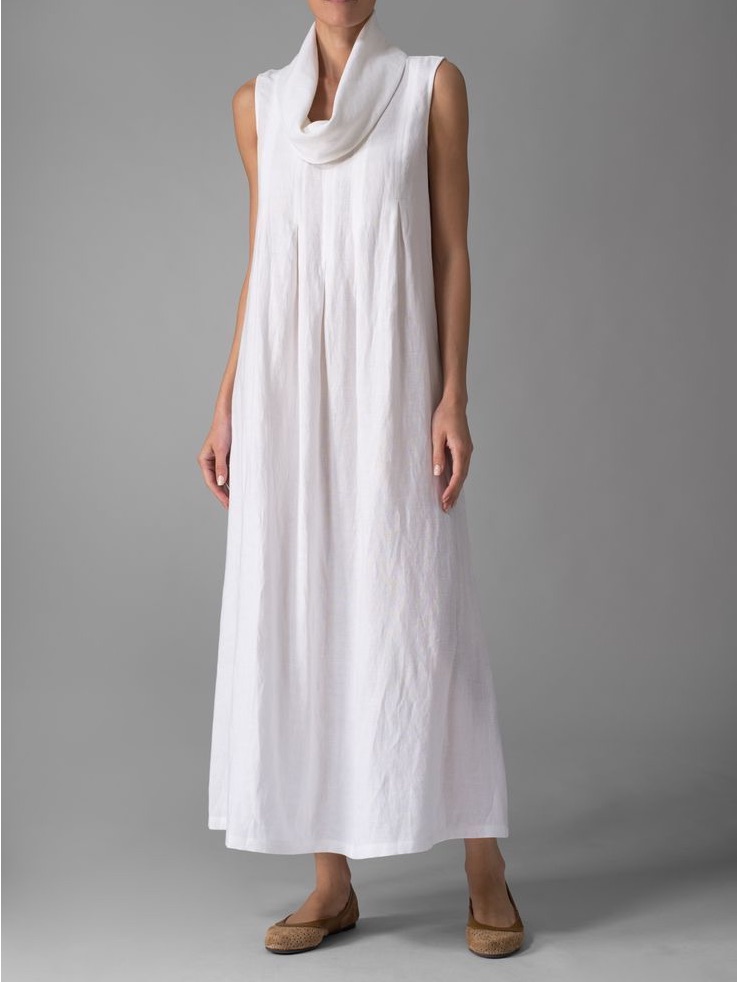 Artisan Linen Sleeveless Cowl Neck White Midi Dress Made In Italy Lagenlook Os